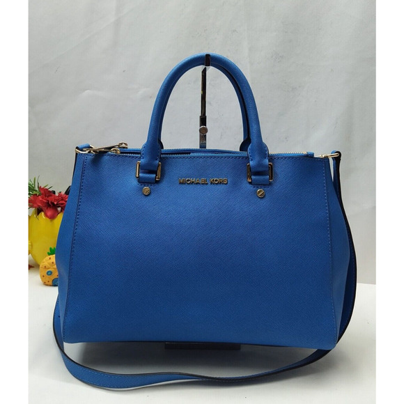 Michael Kors Blue Crossgrain Leather Carrall Zipper Closure Satchel Shoulder Bag - Picture 1 of 16